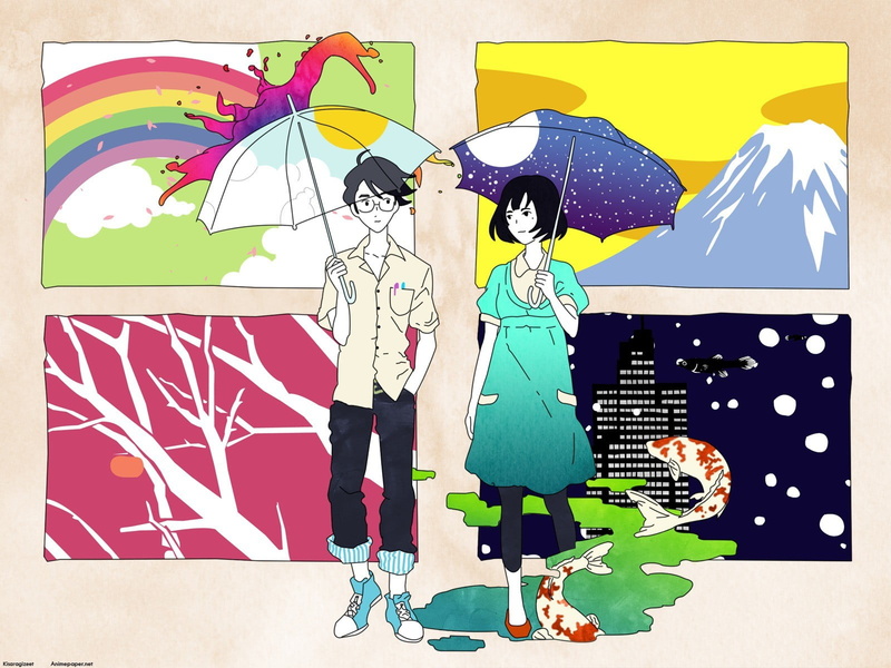 real people, illustration, representation, The Tatami Galaxy, mural, two people, togetherness, auto post production filter, full length, Yojouhan Shinwa Taikei