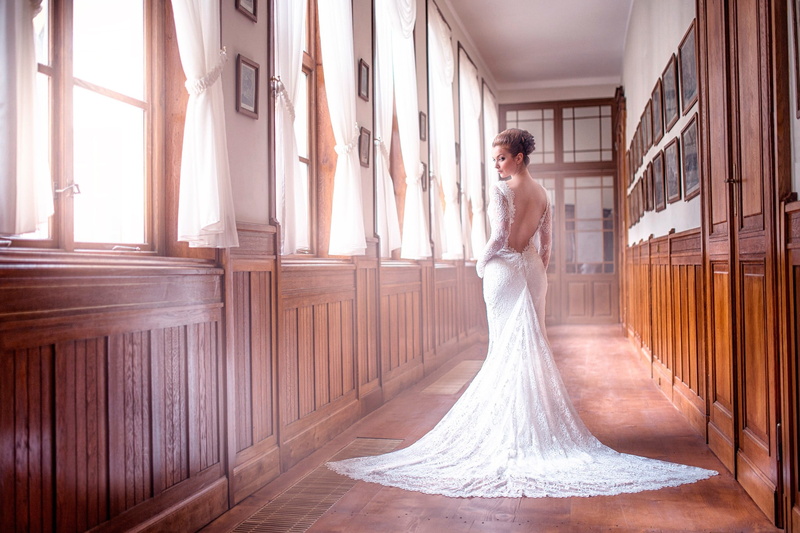 one person, window, bridal gown, beauty, full length, hairstyle, women, beautiful woman, dress, newlywed, contemplation, clothing, celebration, standing