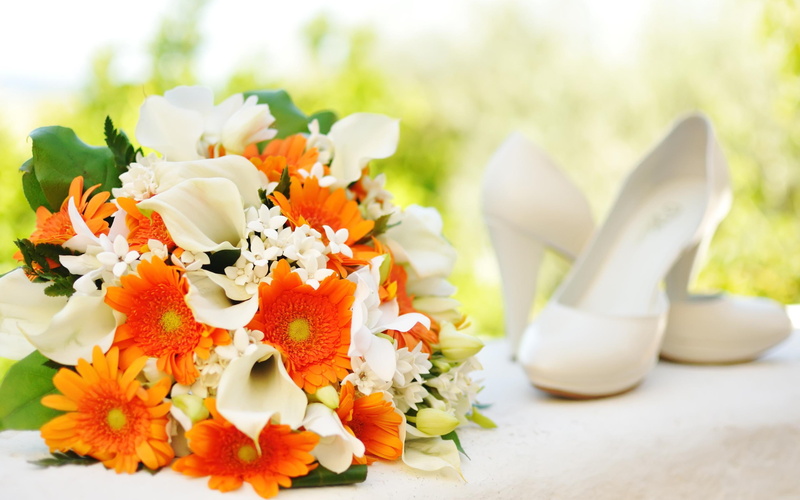 bridal, white, orange, bouquet, 2K, bride, wedding