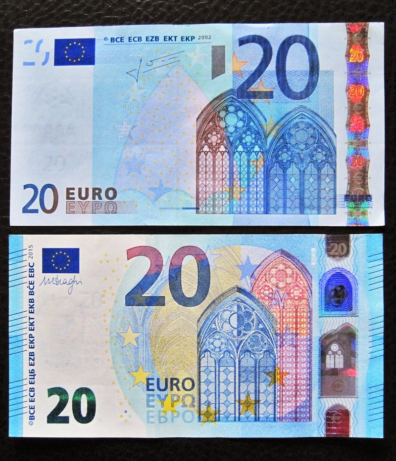 full frame, backgrounds, currency, transfer print, front side, no people, finance, banking, indoors, paper currency, blue, 20 euro, new and old twenties