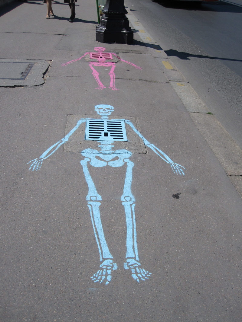 walkway, outdoor, artist, chalk art, Skeleton, high angle view, people, outdoors, art and craft, blue, ground, asphalt, design, road marking, bones, pedestrian