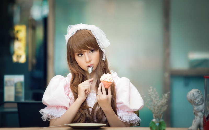 Asian, Lovely, Girl, Cake, Eating, Beautiful, 1080P, Dress