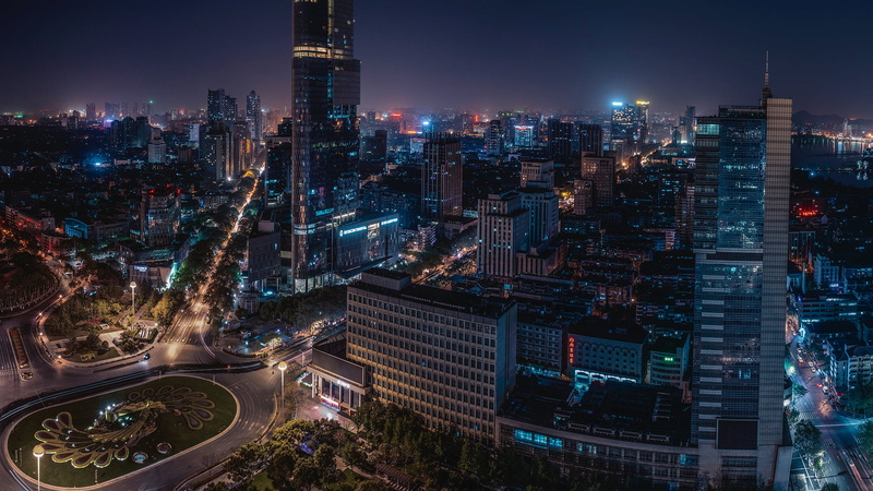 photography, lighten, building, high angle view, financial district, sky, no people, city street, illuminated, building exterior, urban skyline, city, outdoors