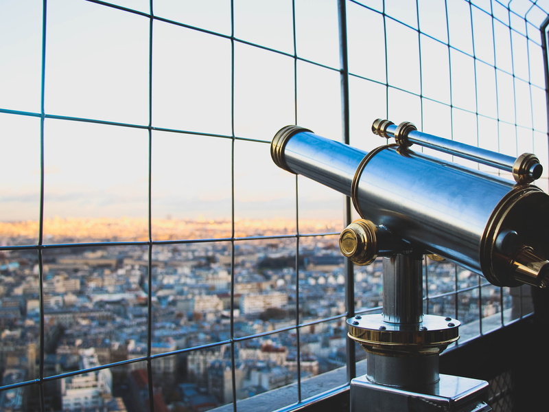 astronomy, top view, steel, near, silver colored, focus on foreground, hand-held telescope, cityline, alloy, view top, close-up, cityscape, outdoors, observation point