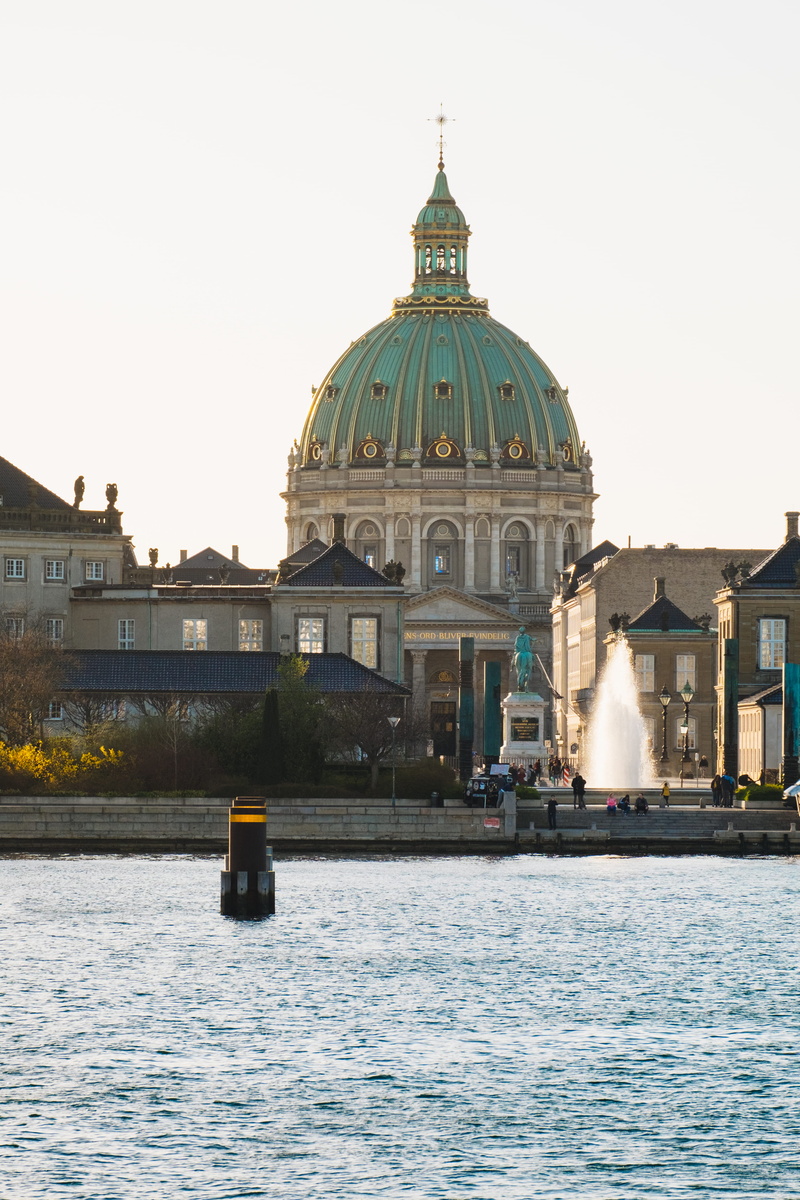 religion, nautical vessel, canal, outdoors, clear sky, building, golden, cityline, copenhagen, architecture, goldenhour, place of worship, no people, street