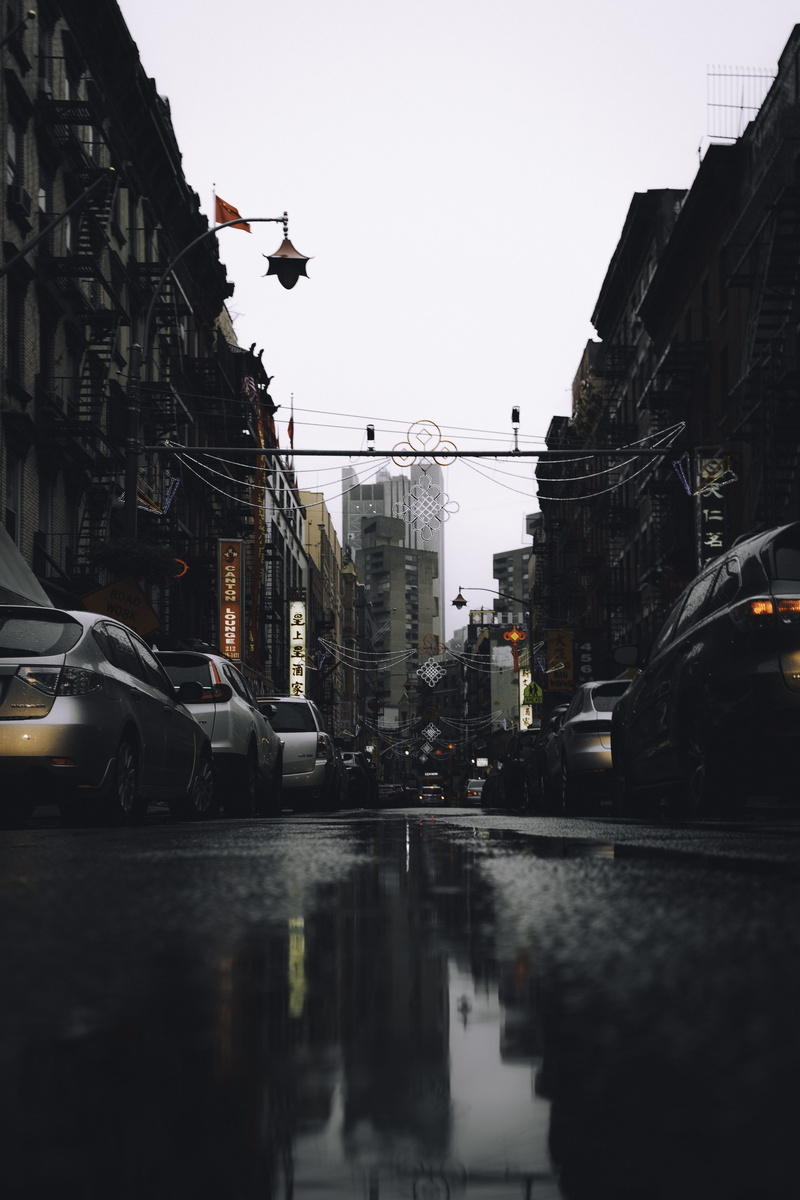rain, people, building Exterior, urban Scene, culture, cars, city Street, relfection, road, city, city Life, wet road, outdoors, chinatown