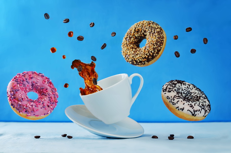 drink, background, Cup, white, grain, blue, bokeh, donuts, table, 4K, fly, saucer, coffee
