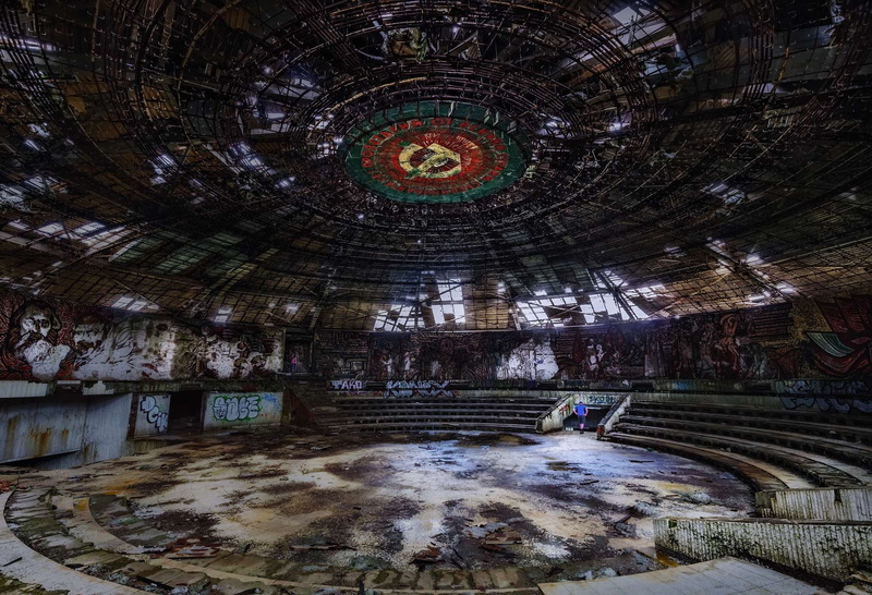 travel, pattern, day, low angle view, the past, incidental people, abandoned, buzludzha, travel destinations, history, nature, ceiling, ruined, like an abandoned flying saucer