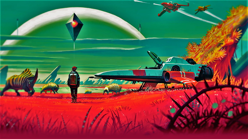 no mans sky computer game video games animals spaceship planet stars flying saucers flying green pink purple black bright, sport, people, grass, real people