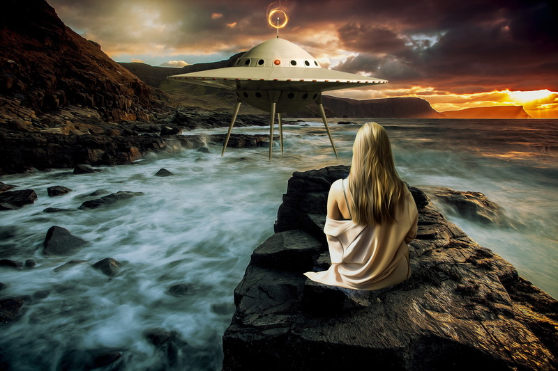 wave, pose, mountains, stones, camera, shore, clouds, spaceship, hair, fiction, sunset, girl, treatment, shoulders, UFO, nature, ship, sea, 2K, sitting