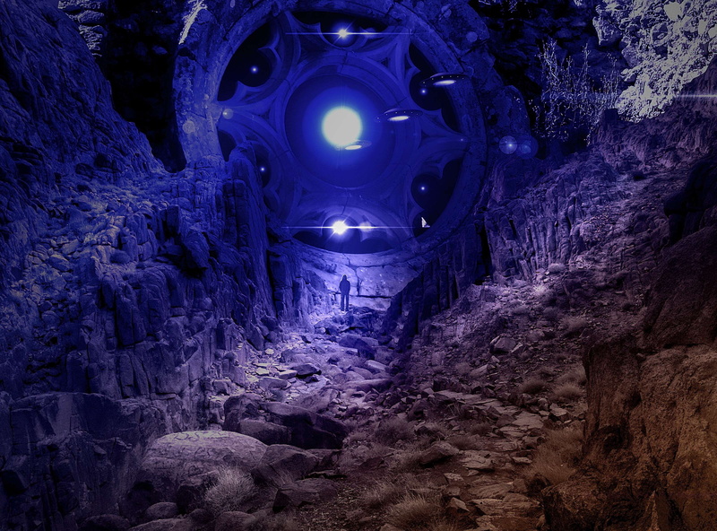 alien, astronomy, rock formation, saucer, science, illuminated, photo manipulation, light - natural phenomenon, blue, exploration, cosmic, fantasy, plant