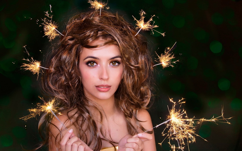 Girl, Portrait, Sparklers, 1080P, Hairstyle