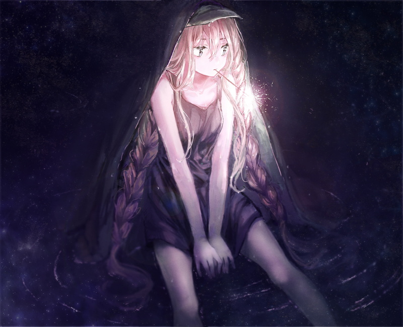 1080P, long hair, curly hair, anime girl, ghost, portrait, hair, surreal, night, hat, looking at camera, one person, hairstyle, fantasy, adult, dark, bizarre