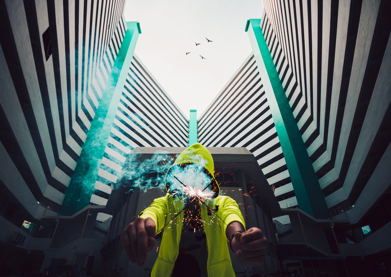 obscured face, flying, rear view, one person, sparklers, smoke, unrecognizable person, nature, architecture, spark, standing, high, building, lifestyles