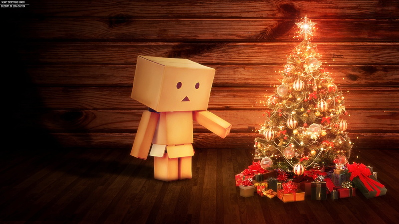 human representation, box, celebration, wood, indoors, gift, tree, Christmas, no people, green, 1080P, Danbo, holiday - event, christmas tree, wood - material
