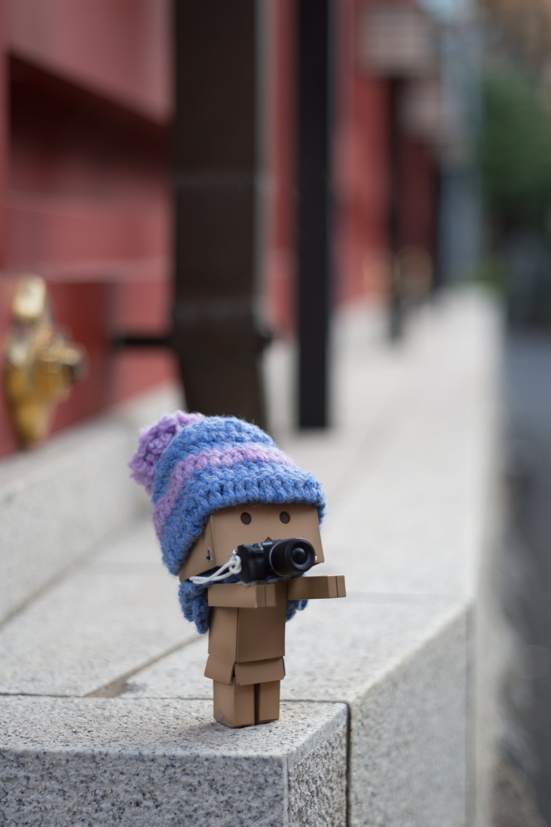 watching, hat, nature, security, looking, camera, street, child, amazon, cardboard robot, city, blur, focus on foreground, people, urban Scene, sidewalk