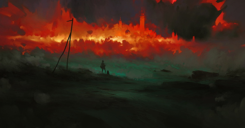 digital art, field, artwork, burning, fantasy city, dark, clouds, fire, landscape, 720P