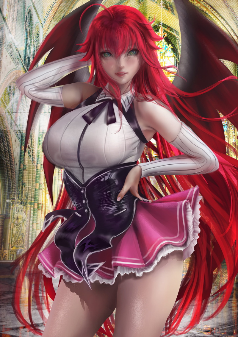 schoolgirl, schoolgirl uniform, illustration, Donyta, long hair, drawing, women, anime girls, anime, fan art, redhead, digital art, Gremory Rias, artwork