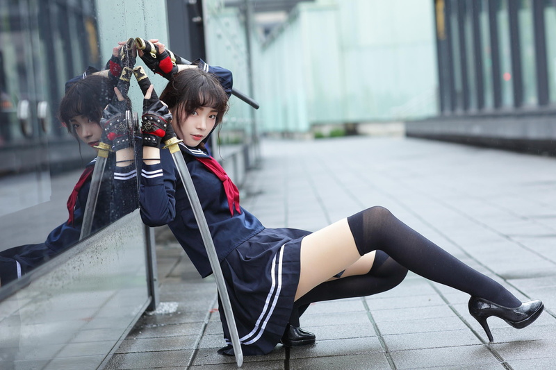 school uniform, depth of field, leaning, gloves, long hair, Asian, model, brunette, black high-heels, 1080P, knee high socks, katana, women