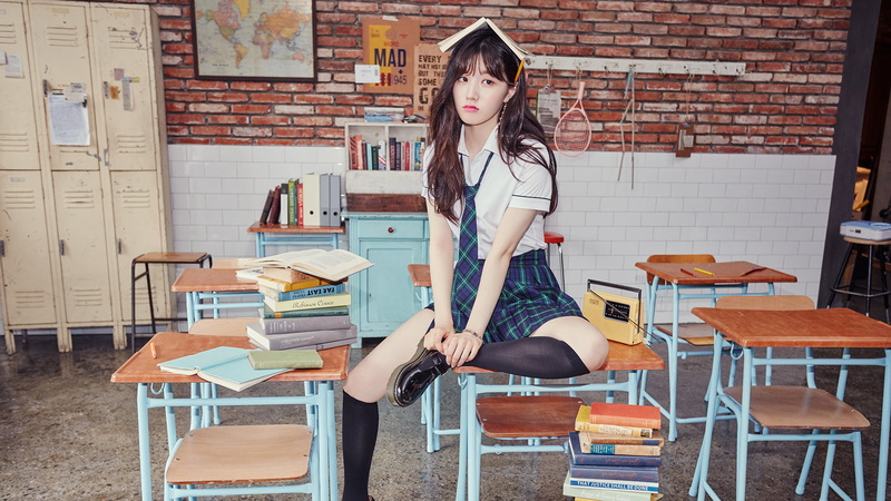wall, sitting, women, seat, indoors, lifestyles, hair, publication, young women, real people, Doc Martens, front view, hairstyle, 1080P, schoolgirl, Xiyeon (Pristin)
