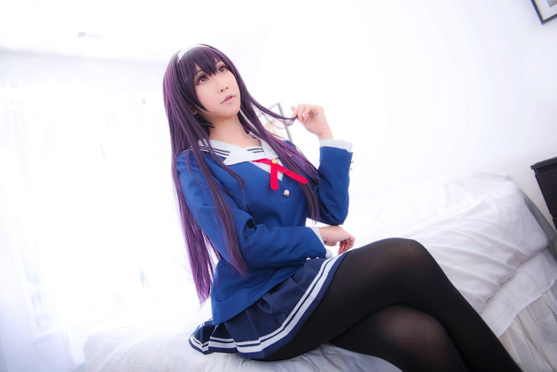 sleeved, button, looking, Saenai Heroine no Sodatekata, hairstyle, cosplay, Kasumigaoka Utaha, real people, mini, blue, indoors, young adult, s, young women