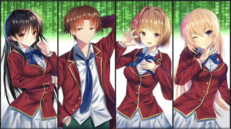 women, front view, Yellow Eyes, real people, males, Boy, Girl, Black Hair, standing, 1080P, hairstyle, Red Eyes, Kiyotaka Ayanokōji, Anime, girls, men