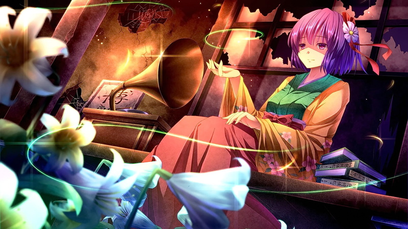 1080P, anime, short hair, Touhou, Hieda no Akyuu, flowers, anime girls, Japanese clothes, looking at viewer, smiling
