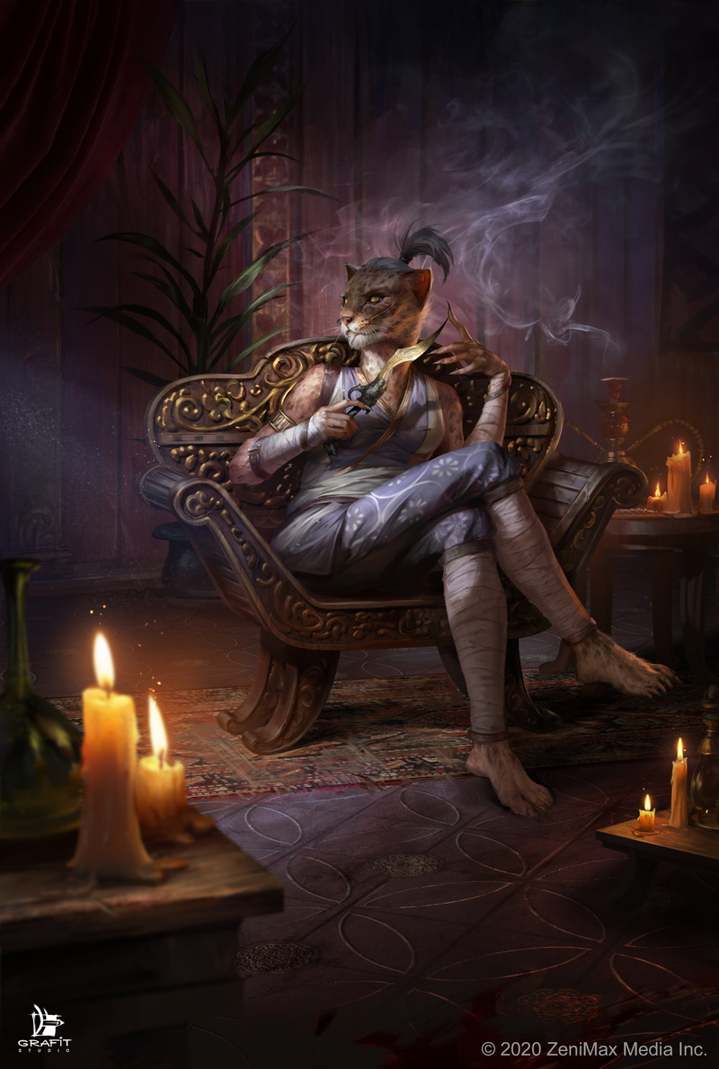 ArtStation, long nails, video game characters, portrait display, Khajiit, legs crossed, green eyes, fan art, sitting, Grafit Studio, cat girl, candles