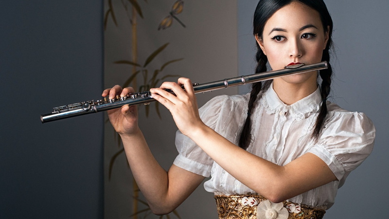 indoors, looking away, elegance, brown eyes, brunette, red lipstick, women, model, musical instrument, long hair, music, beautiful woman, fashion, artist