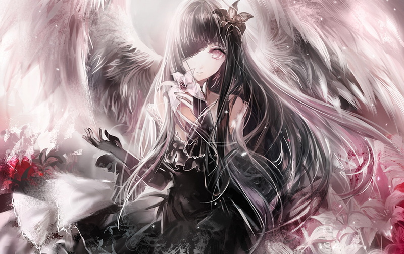 long hair, wings, original characters, anime, looking at viewer, black dress, white background, dress, anime girls, angel, brunette, black hair, fantasy art