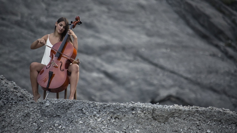 women outdoors, white clothing, 1080P, nature, brunette, model, hills, barefoot, playing, stones, sitting, women, contrabass, music, spread legs, long hair