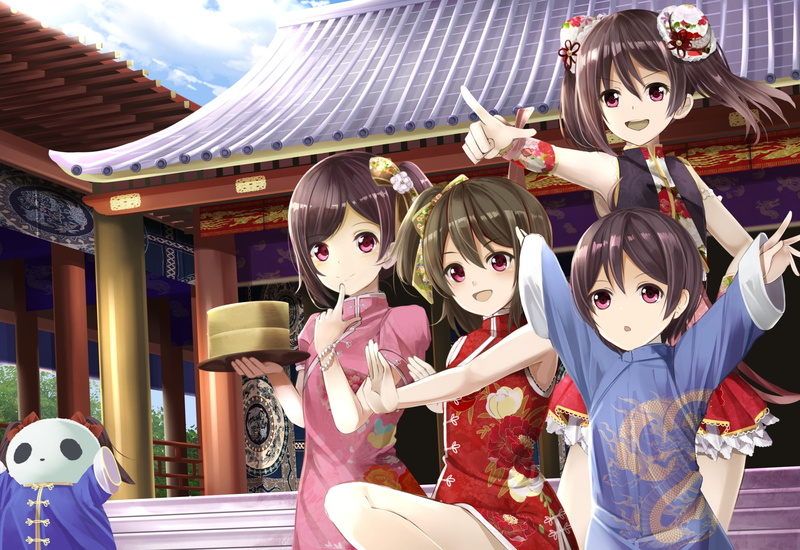 (character), hair, konachan, dress, eyes, orein, 247021, short, nico, twintails, 1080P, com, clouds, chinese, brown, stairs, pink, sky, yazawa, shrine
