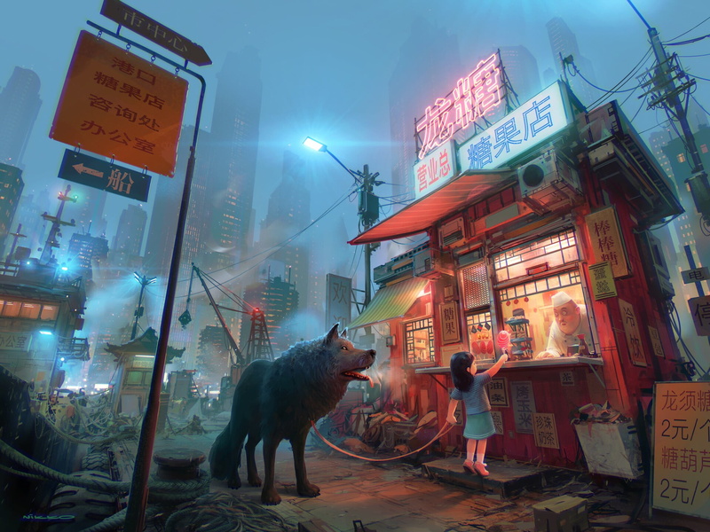 Asia, 1080P, wolf, artwork, city, Chinese characters, sweets, digital, children