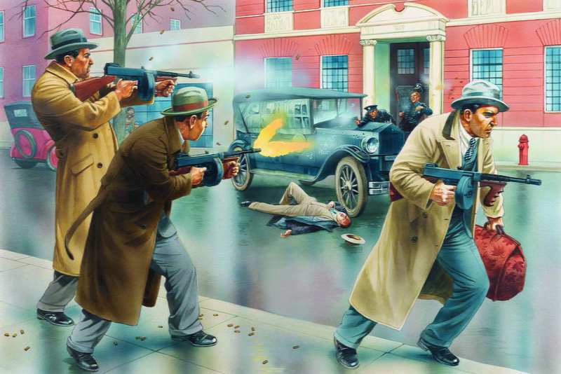 1932, gangsters, young men, mature adult, activity, men, clothing, women, medium group of people, people, Peter Dennis., painting, group of people, group