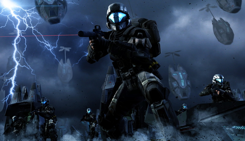 night, video games, digital art, soldier, 1080P, lightning, Halo, futuristic armor, submachine gun, ODST, video game art, Halo 3: ODST