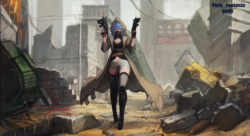 hoods, weapon, original characters, blue hair, Pixiv Fantasia, thigh-highs, 1080P, submachine gun, anime, anime girls