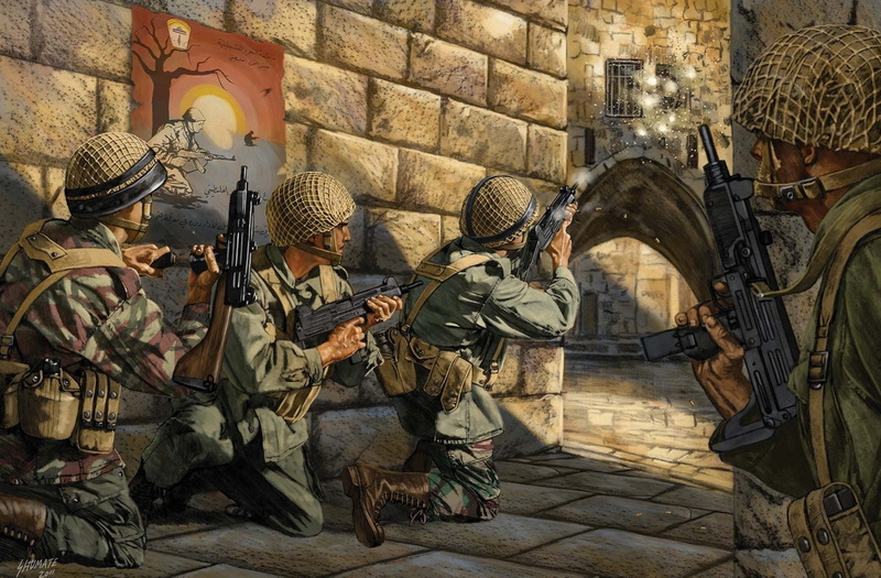 camouflage clothing, Uzi, the past, full length, armed forces, equipment, 1080P, group of people, machines, special forces, real people, gun, wall - building feature