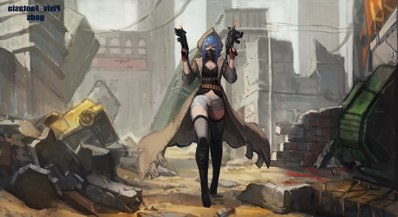 1080P, anime anime girls women with guns pixiv fantasia original characters thigh highs weapon hoods blue hair submachine gun