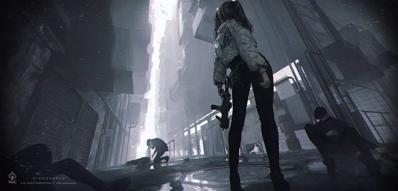 pigtails, women, weapon, low-angle, Shal. E, 1080P, drawing, alleyway, jacket, submachine gun