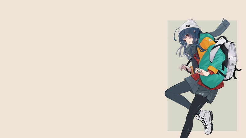 4K, scarf, sneakers, Rin Shima, Yuru Camp, brown background, long hair, anime girls, anime