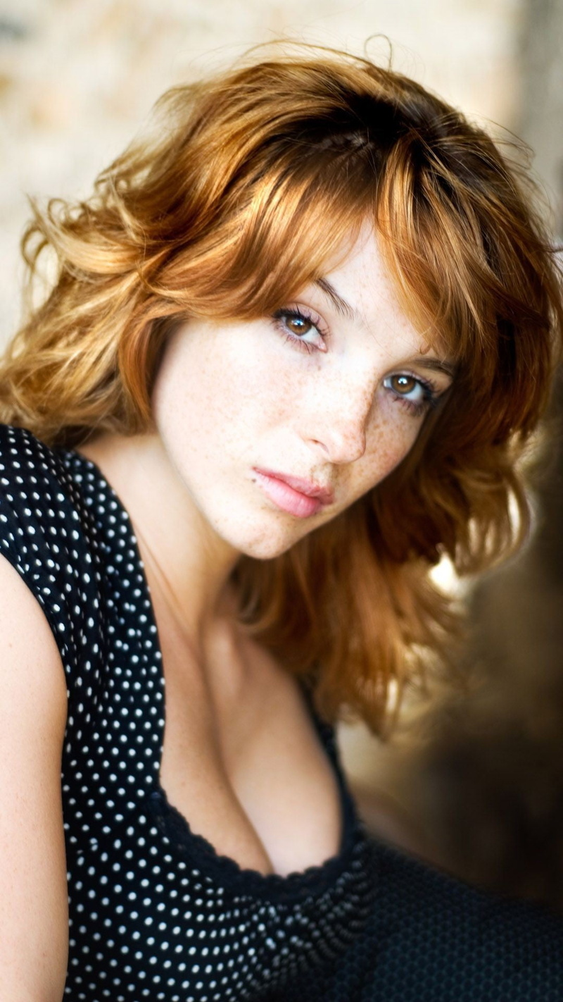 Vica Kerekes, young adult, adult, portrait, black, headshot, contemplation, dress, freckles, body part, brown eyes, human face, polka dots, redhead, women