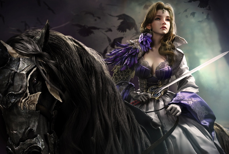 crows, fantasy art, dress, Princess, fantasy, cleavage, artwork, diadem, horse, weapon, digital art, sword, armor, 1080P, knight, fantasy girl