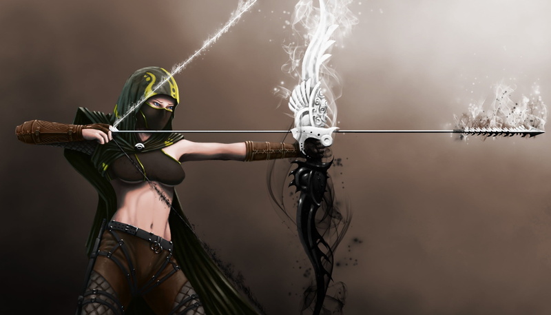 one person, strength, aiming, activity, fantasy art, holding, young adult, sport, studio shot, motion, women, 2K, arrow - bow and arrow, weapon, outdoors