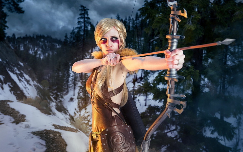 1080P, The Elder Scrolls V: Skyrim, bow, women, cosplay, blonde, archery