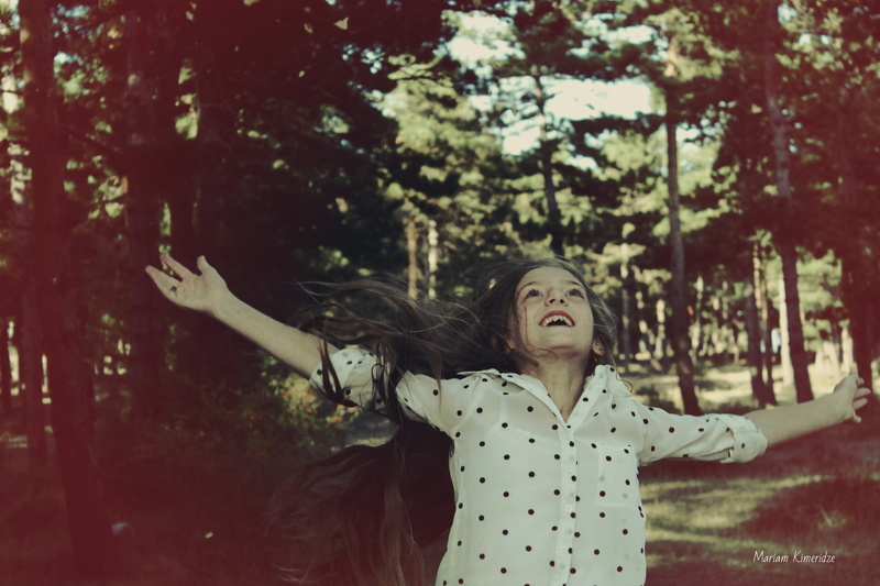 happy, jumping, smiling, Cure Girl, happiness, 1080P, forest, waist up, tree, leisure activity, girls, nature, innocence, outdoors, arms raised, human arm