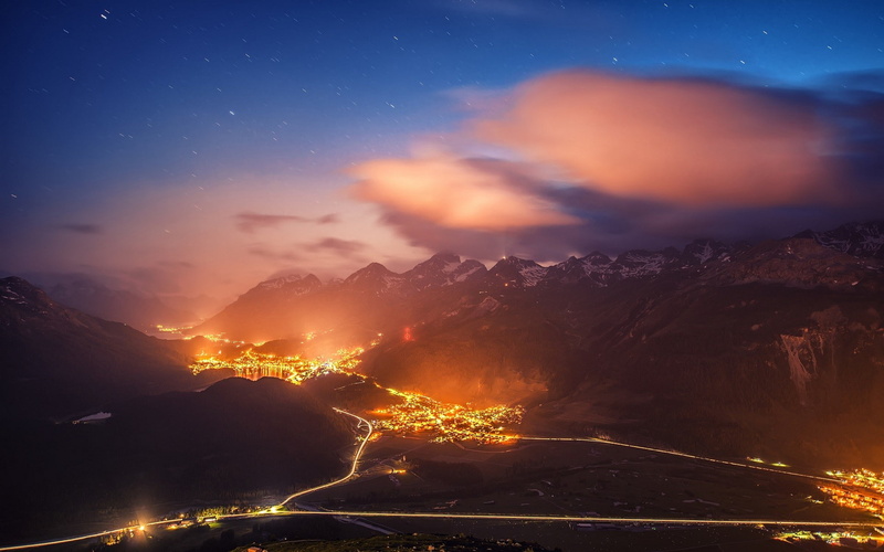 stars, landscape, night, switzerland, 1080P, mountain, road, city, cityscape, lights