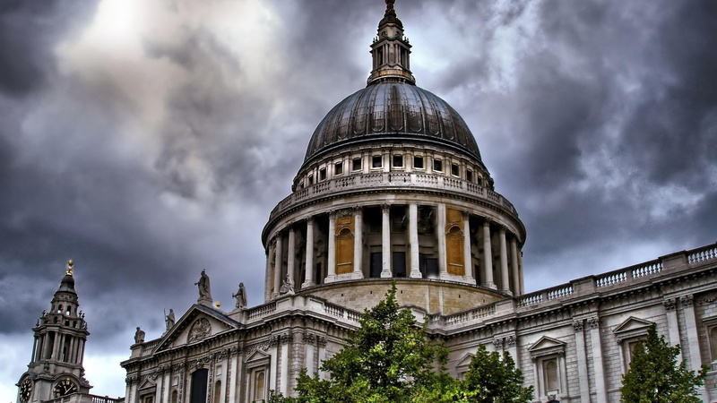 st, london, clouds, building, 1080P, cathedral, tree, nature and landscapes, dome, grey, pauls, brown, hdr