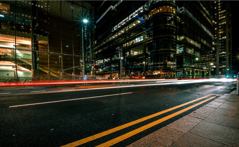 financial district, time, illuminated, light trail, pavement, lines, no people, 5K, nightime, skyscraper, streetlamp, built structure, manmade, traffic