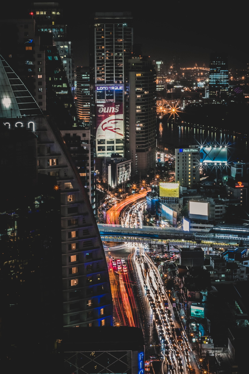 tower, nightlife, nightime, night, light, trail, cityscape, illuminated, 5K, architecture, urban Scene, train, neon, business, modern, street, downtown District