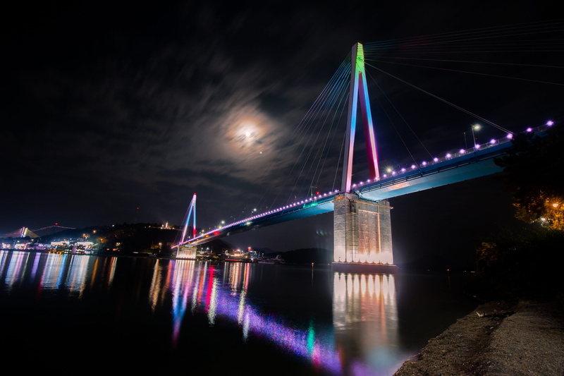 colour, nature, time, bridge, nightime, travel, multi colored, sky, night, connection, nightlife, 5K, lighted, light, cable bridge, motion, illuminated